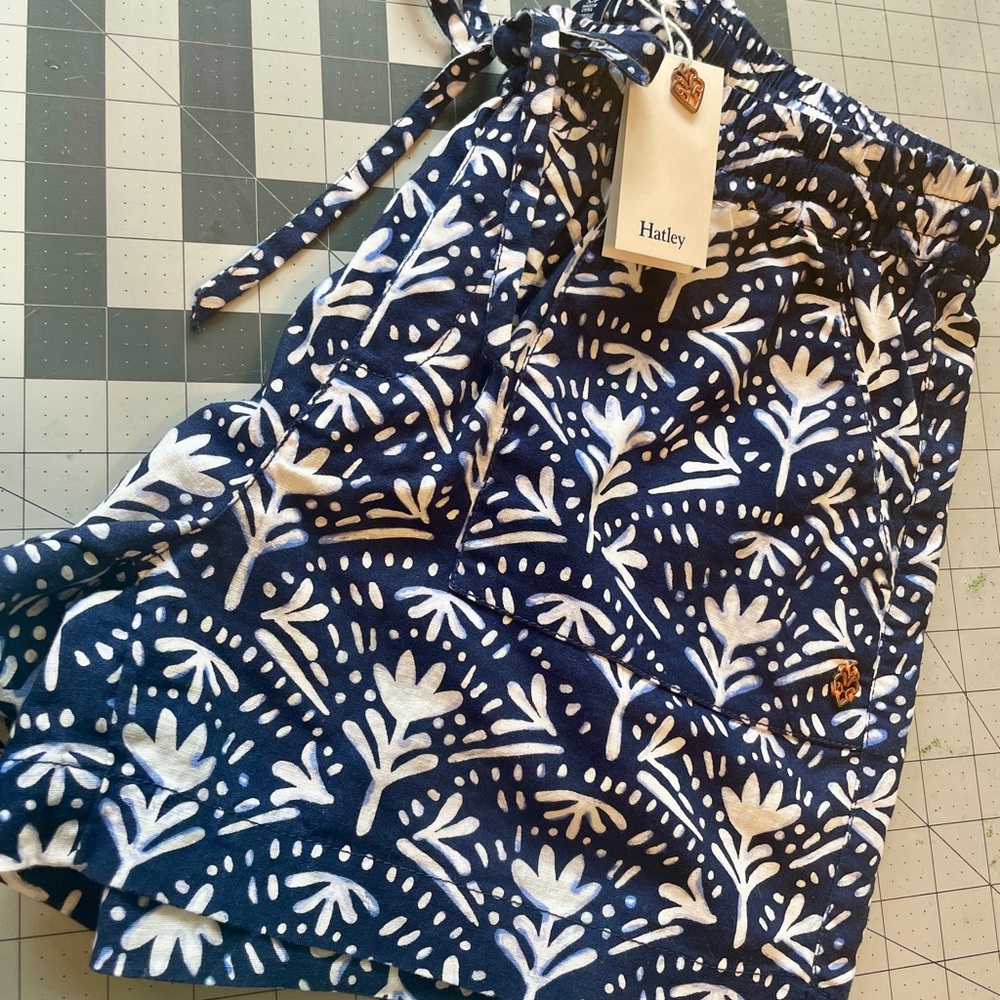 Hatley Blue and White Leaf Print Shorts 55% cotton & 45% Linen